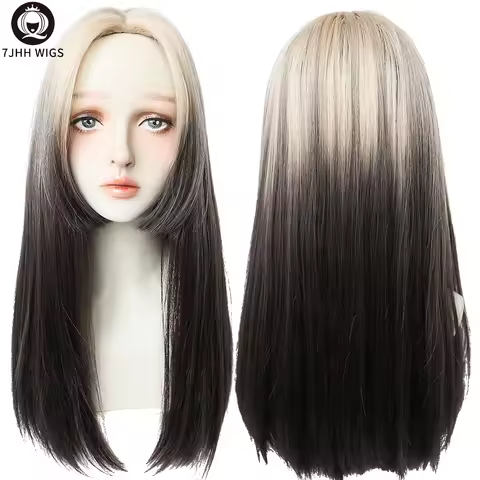 7JHH WIGS Omber Black White Long Synthetic Mid-Point Bangs Four Seasons Daily Wear Heat-Resistant Wi