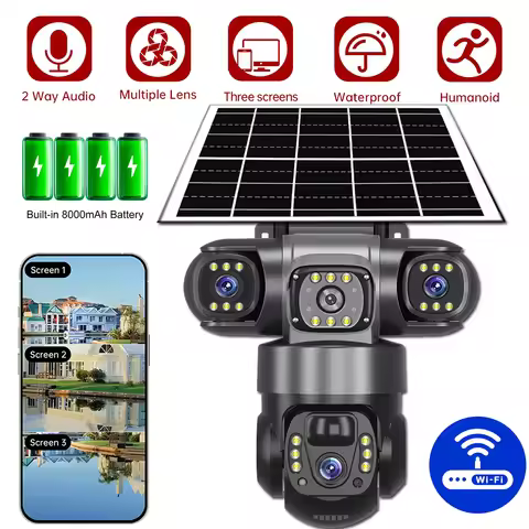 WiFi Solar Camera 3 Lens 3 Monitoring Video V380 Pro 15MP Solaire Powered PTZ Cameras Outdoor Waterp