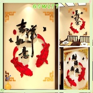 GSWLTT  Stereo Mirror Sticker, Happiness Good Fortune Chinese Style Golden Frame Fish Wall Stickers, Creative Acrylic Room Entrance Acrylic Wall Stickers Home Art