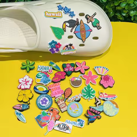 1-40PCS Hawaii Surf Sun Sand Summer Vibe Flower Aloha PVC Shoe Charms Sandals Garden Shoes Accessori