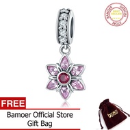 BAMOER Free Shpping 100% 925 Sterling Silver September Pendant Pink Crystal Spring Flower Pink CZ Ch