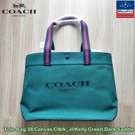 Coach® Tote Bag 38 Canvas Clblk JI/Kelly Green Dark Saddle กระเป๋าโค้ช กระเป๋าสะพายข้างใบใหญ่ ผ้าแคน