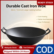 🚚24H Delivery🚚32cmCast Iron Wok Round Bottom Uncoated Wok with 2 Loop Handles
