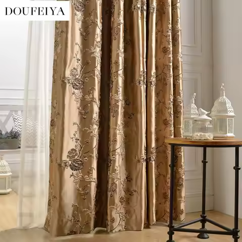 European Embroidered Golden Brown Luxury Curtains for Living Room Bedroom Dining Blackout Imitation 