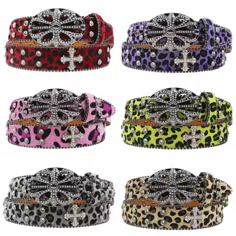 Bohemia leopard pattern Crystal Studded Diamond cross Belt Luxury Vintage Western Cowgirl Cowboy Rhi