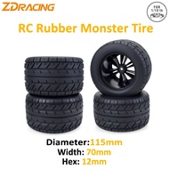 4PCS RC 115mm Monster Truck Car Rubber Tire Wheel Tyre Rim Hub 12mm Hex For 1/10 Monster Car RC Off-