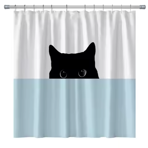 Black Cat Shower Curtains Cute Cartoon Cat Looking At You, Kitten Animals Bath Decor Curtains Sets w