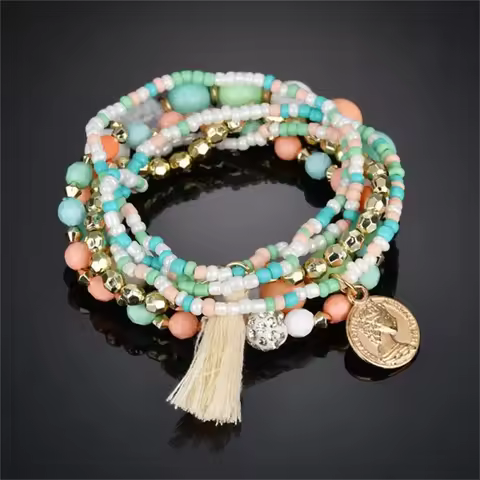 Bohemia Crystal Tassel Multicolor Beads Bracelets For Women Handmade Elastic Rope Charm Wrap Bracele
