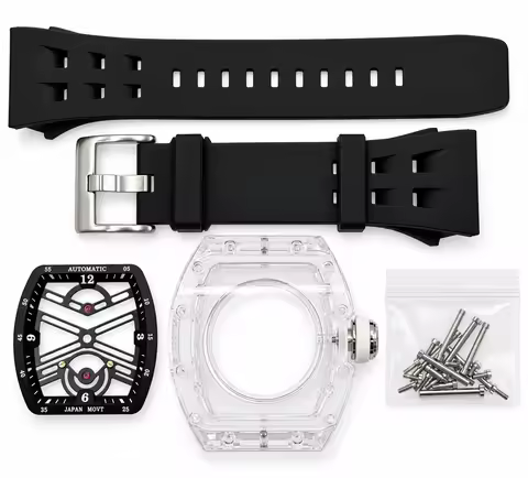 Men's Transparent Tonneau Watch Case Kit with Strap, Dial and Hands, Compatible with Japanese 8N24 A