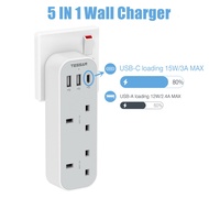 TESSAN Double Plug Adaptor with 3 USB (1 USB C), 2 Way Multi Plugs Extension Type-C Adapter, 13A UK 3 Pin Wall Charger Sockets Power Extender for Home, Kitchen, Office