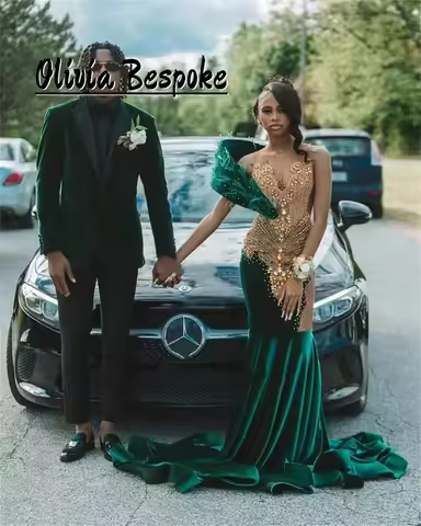 Dark Green Velvet Gold Rhinestone Mermaid Prom Dresses Beaded See Thru 2025 Birthday Luxury Customiz