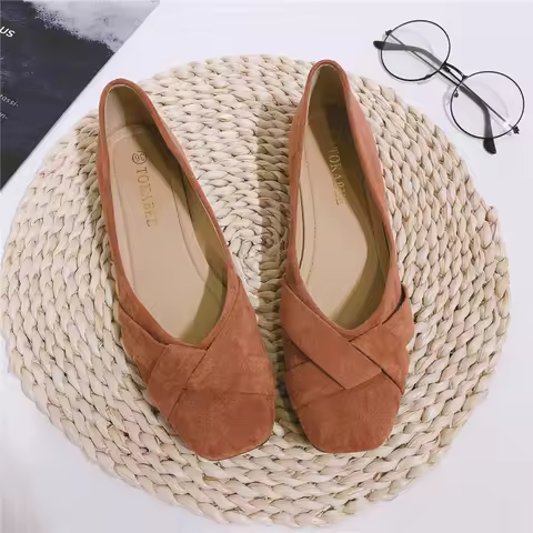 Flat Shoes for Women 2025 Spring New Square Head Velvet Flock Leather Loafers Women Flats Size 32 33