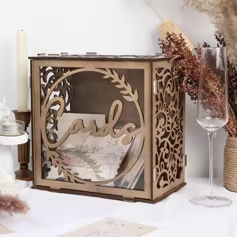 Wedding Card Box Wooden Transparent Window Gift Card Envelope Money Box for Wedding Birthday Party A