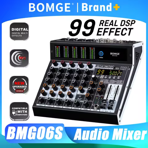 BOMGE Audio Mixer 6 Channel Mixing Console with 99 DSP Effect 48V Phantom Bluetooth USB Interface fo