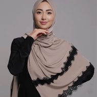 Jifang Double Layers Black Eyelash Lace Plain Rayon Cotton Instant Hijabs Pashmina Muslim Hijab PW11