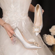 [Ready Stock] Wedding Shoes Xiuhe Wedding Bridal Shoes 2024 New Style French Pearl Bright Diamond Crystal Heel High Heel Wedding Shoes Not Tired Foot Balance Anti-slip Breathable Student Party Office Workers