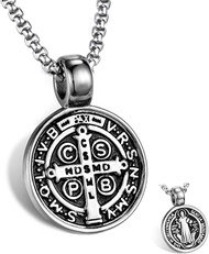 Mens St Benedict Exorcism Pendant Necklace Stainless Steel Catholic Roman Cross Demon Protection Gho