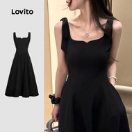 Lovito Casual Dress Pocket Lace Up Summer/Spring Black Dress for Women Plus Size Friendly L134ED498 