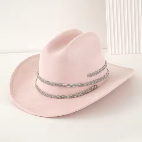 HongLuan Pink Suede Nap Felt Top Fascinators Hats Rhinestone Woman & Fedora Cowboy Hat Woman, Flat W