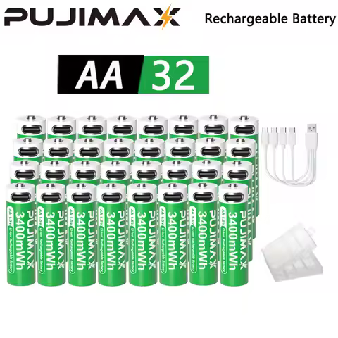 PUJIMAX 32/20/16/8-Pack AA 3400mWh Rechargeable Lithium Battery, Charged via 1.5V Type-C Port, Can B