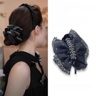 Korean Style Elegant Black Organza Rhinestone Hair Clip Ball Head Clip Female High-End Ponytail Clip