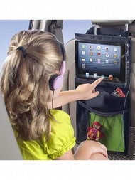 車後座收納適用於兒童帶透明觸控式螢幕平板電腦支架和2收納口袋,車後座保護裝置踢腳墊收納,車配件通用收納袋網狀