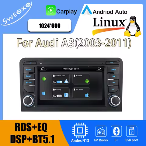 For Audi A3 (2003-2011) 7-inch (Linux system) Wireless CarPlay Wireless Android Auto YouTube Player 