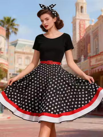 Tonval Polka Dot Color Block Women Vintage Dress with Hair Band Summer Pinup Girls Retro 1950s Fashi