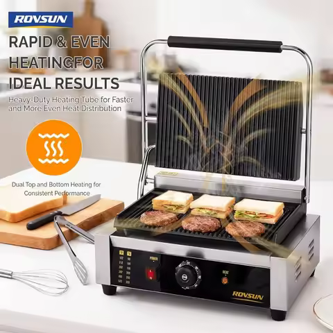 ROVSUN 811E Commercial Panini Press Grill 2200W Stainless Steel Electric Sandwich Maker for Countert