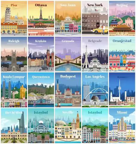 AZQSD 5d Diamond Painting Postcard Landscape Handmade Rhinestones Embroidery Sale City Building Home