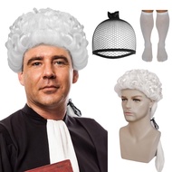 Hair Cap+ (2 Socks) White Curly Wig For Lawyer Wig Colonial Wig Powdered Wig Judge Wig For Men Cospl