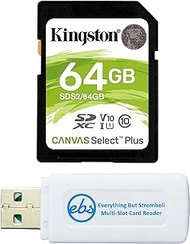 Kingston SD Card Canvas Select Plus 64GB Memory Card for Camera, Digital Camcorder, Trail Camera, Computer - Class 10 UHS-1 SDS2/64GB Bundle with (1) Everything But Stromboli Micro &amp; SDXC Card Reader