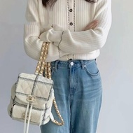 Chanel 22K格紋毛呢Duma後背包 芯片款 白色金扣 羊毛22*23*10 98新配件盒 塵袋