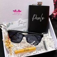 Personalized Black Matte Hip Flask, Bamboo Razor and Men's Sunglass Gift Box Set | Gift Set Ideas