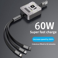 3 in 1โทรศัพท์ USB 60W แบบยืดหดได้ชาร์จเร็วและสายข้อมูลสำหรับอุปกรณ์ Lightning/Android/Type-C