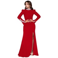 แฟชั่นแขนยาวสีชุด C7271 พร้อม Slit และ Rhinestones มาใหม่ข้อเท้าความยาวชุดราตรีสําหรับสตรี