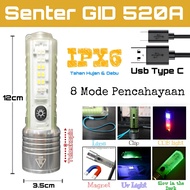 Senter Transparan Magnet Zoom in out Cas 8 Mode Warna 30W Waterproof Flashlight 520A 520 Series - Sc