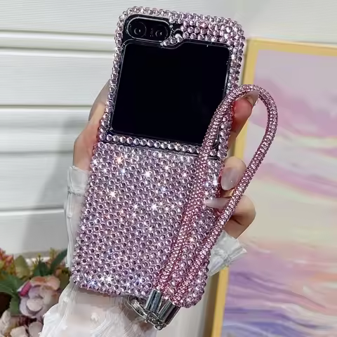 Full Shiny Diamonds Cover Funda For Samsung Galaxy Z Flip 7 Wrist Strap Case For Samsung z flip 6 zf