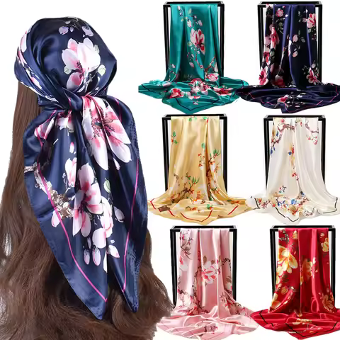 New Fashion Silk Square Scarf For Women Hair Band Soft Neckerchief Vintage Hijab Flower Print Headsc