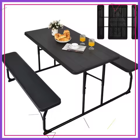 Foldable Picnic Table with 2 Benches, Outdoor Camping Furniture Set, Steel Frame & Wood-Like Top, Bl
