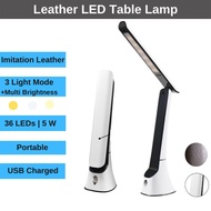 LED Desk Lamps, Imitation Leather, 5W Foldable Eye-Caring Table Lamp USB Charging Port Touch Control Dimmable for Office Business Home Bedside Bedroom Living Room Study Reading Light