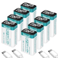 Rechargeable 9V Lithium USB Battery 860mAh with 4 in 1 Charge Cable, 9 Volt Batteries 6f22 for Smoke