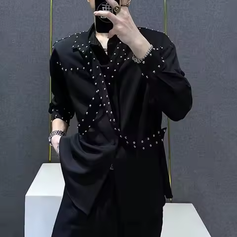 Mens Ribbons Rivets Shirts Autumn Streetwear Fashion Trends Campus Performances Casual Long-Sleeve T