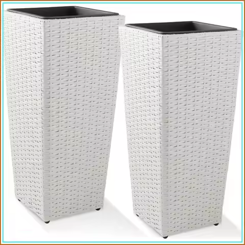 Casafield 2-Pack Tall Outdoor Planters w/ Liners, Weatherproof Rattan Flower Pots for Patio, Garden 