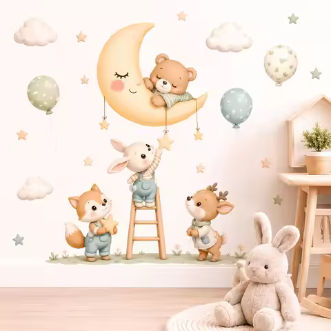 Forest Animal Wall Stickers, Removable Watercolor Star Cloud Balloon Decorations for Children's Room