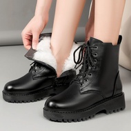 ZH【 Ready Stock】Genuine leather snow boots warm Martin boots women's British style plus velvet short