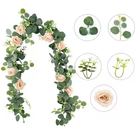 Artificial Eucalyptus Garland with Rose Flowers 180cm Fake Greenery Vines for Wedding Arch Table Run