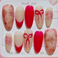 [Series Almond Size S ready stock] Handmade press on nails 穿戴甲 假指甲 medium almond - red flower nail t