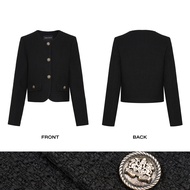 URBAN REVIVO Womens Cropped Crew Neck Casual Tweed Blazer Elegant Slim Work Office Long Sleeve Jacket with Fake Pockets