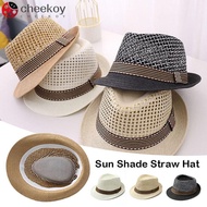 CHEEKOY Straw Fedora Hat, Short Brim Breathable Sun Cap, Outdoor Trilby Straw Sun Hat Man